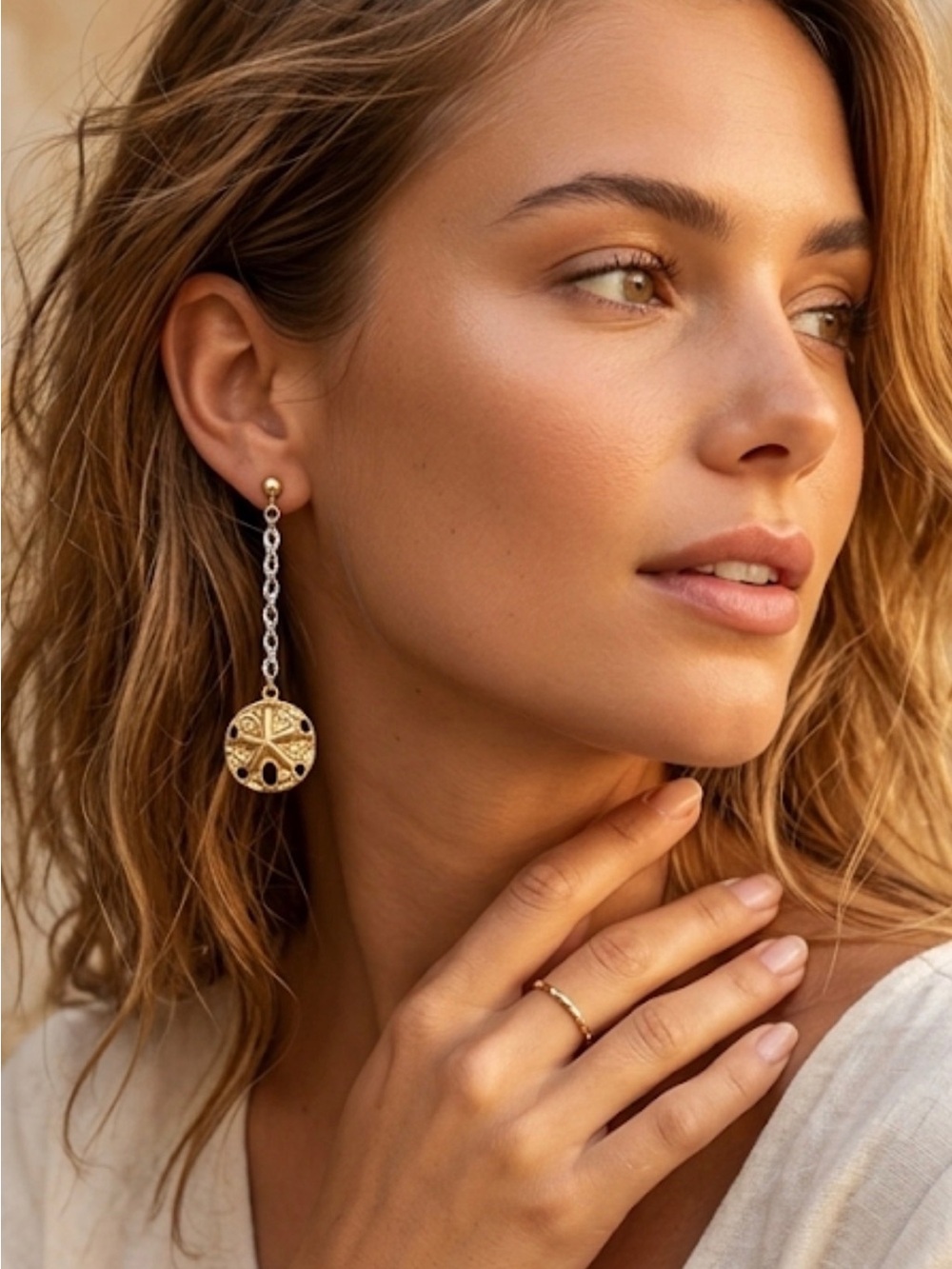 Two-Tone Sand Dollar Drop Earrings — Gold & white handmade boho beach gift